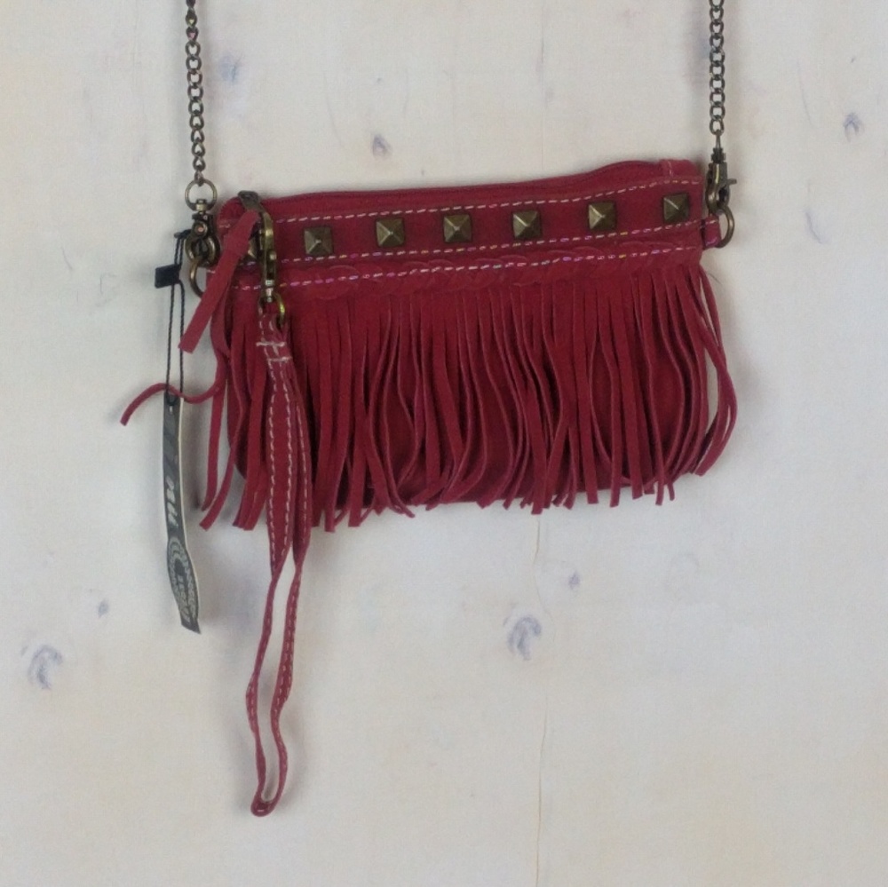 Faux Suede red small fringe cross purse long chain